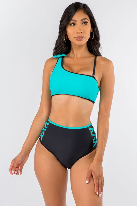 One shoulder high-waist swimwear set S1-M1-L1 3pcs 1 Pack