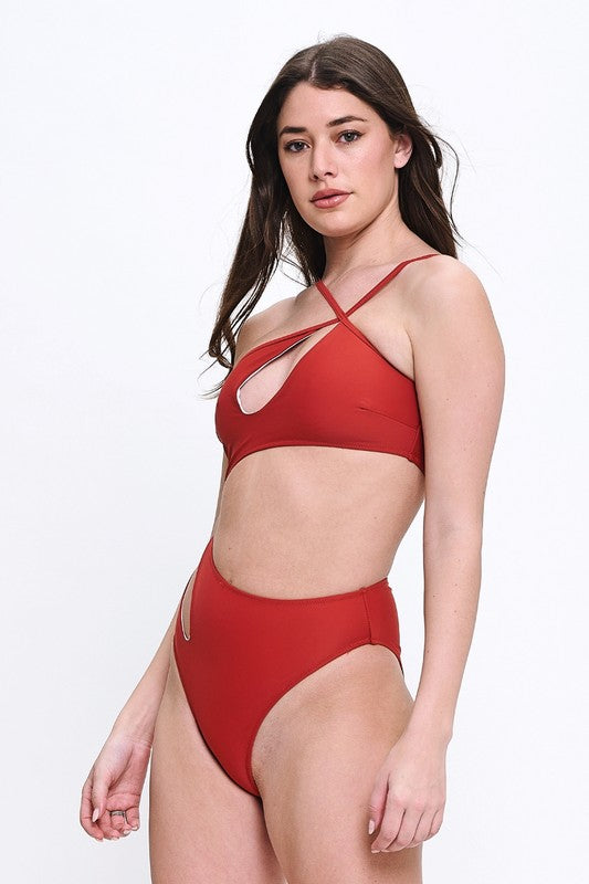 Asymmetric Cutout Halter Solid Swimsuit S1-M1-L1 3pcs 1 Pack