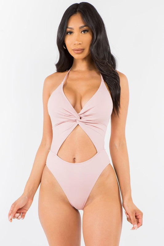 Twist Tie Front Halter Neck Swimsuit S1-M1-L1 3pcs 1 Pack