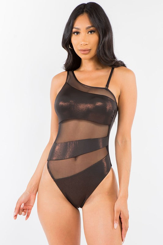 One Shoulder Mesh See-Through Bias Swimsuit S1-M1-L1 3pcs 1  Pack