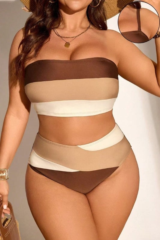 Plus Wide Stripe Tankini Set 1XL-4XL 4 pcs 1 pack