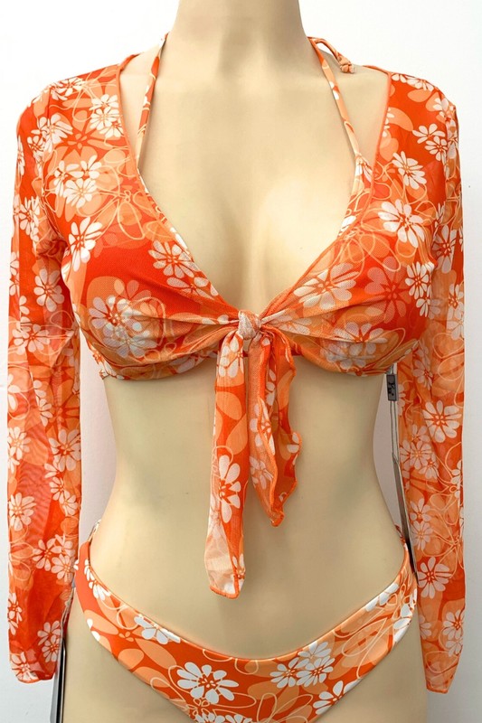 3pcs Daisy Print Tie Shrug and Matching Bikini S1-M1-L1 3pcs 1 Pack