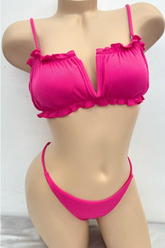 Rib Texture Solid Ruffle Bandeau Top Bikini S1-M1-L1 3pcs 1 pack