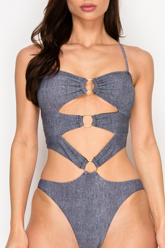 Trendy Cutout Denim Wash One-Piece Swimsuit S1-M1-L1 3pcs 1 Pack