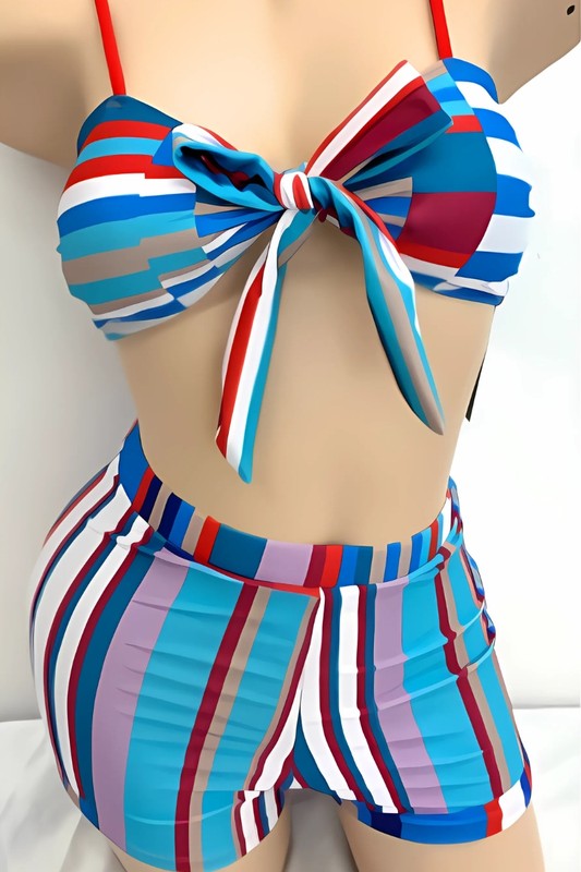 Front Tie Stripe Mix Bikini Active Short Set S1-M1-L1 3pcs 1 Pack