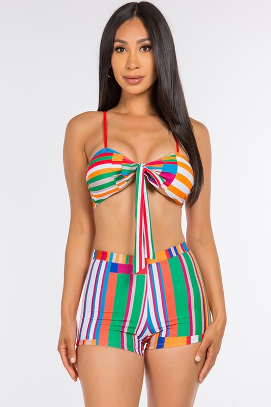 Front Tie Stripe Mix Bikini Active Short Set S1-M1-L1 3pcs 1 Pack