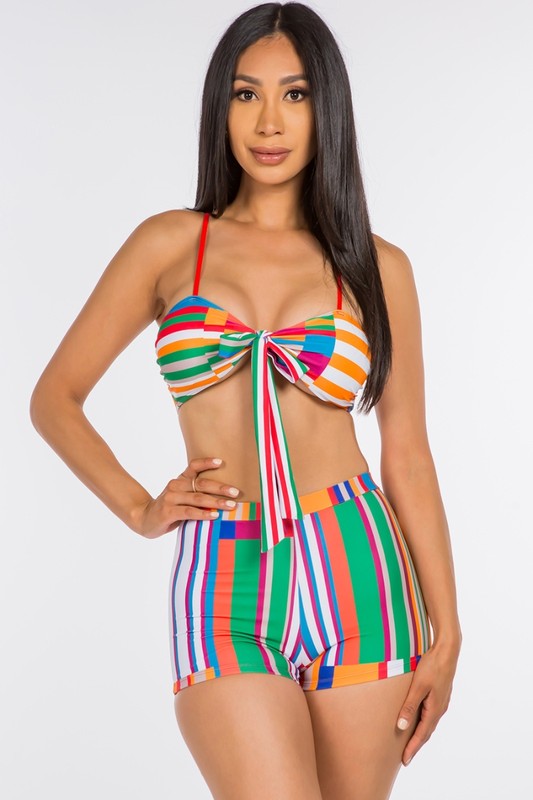 Front Tie Stripe Mix Bikini Active Short Set S1-M1-L1 3pcs 1 Pack