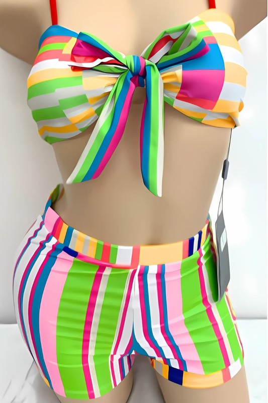 Front Tie Stripe Mix Bikini Active Short Set S1-M1-L1 3pcs 1 Pack