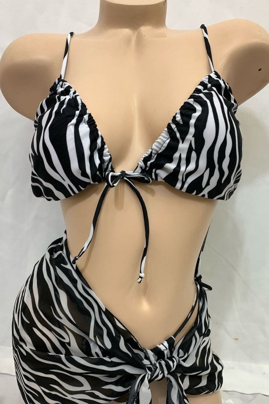 3 pcs Zebra Print Bikini Set with Sarong S1-M1-L1 3pcs 1 pack