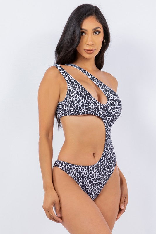 Geo Print One-Shoulder Cutout Monokini-OPEN