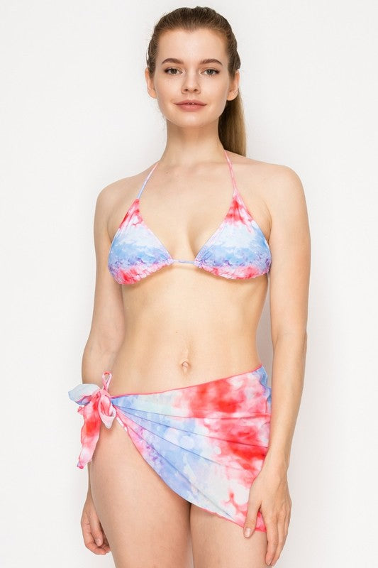 Tie-Dye Bikini Set with Matching Sarong Cover-Up S1-M1-L1 3pcs 1 Pack)