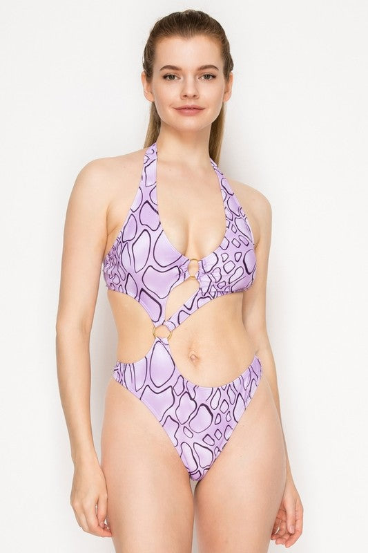 Stylish Cutout Stone Print One-Piece Swimsuit S1-M1-L1 3pcs 1 Pack
