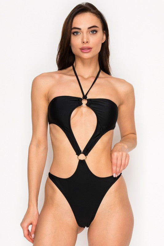 Center Ring Halter Monokini Black S1-M1-L1 3pcs 1 Pack