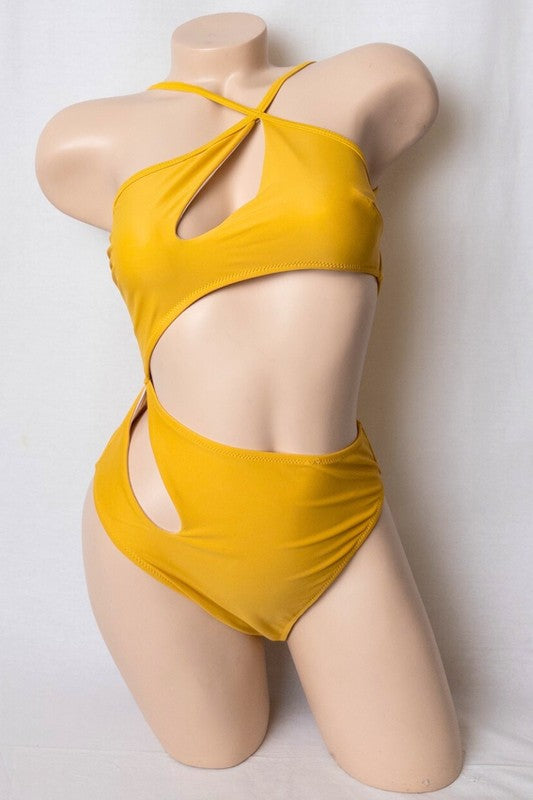 Asymmetric Cutout Halter Solid Swimsuit S1-M1-L1 3pcs 1 Pack