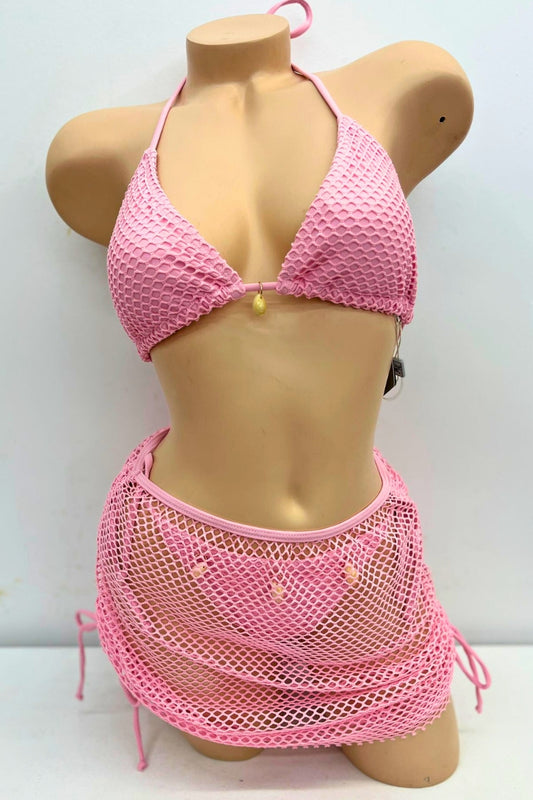 Pretty Pink Crochet Bikini Set with Sarong S1-M1-L1 3 pcs 1 pack