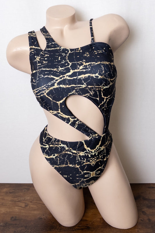 Marble Cut-Out One-Shoulder Swimsuit Black S-M-L 3 pcs 1 pack