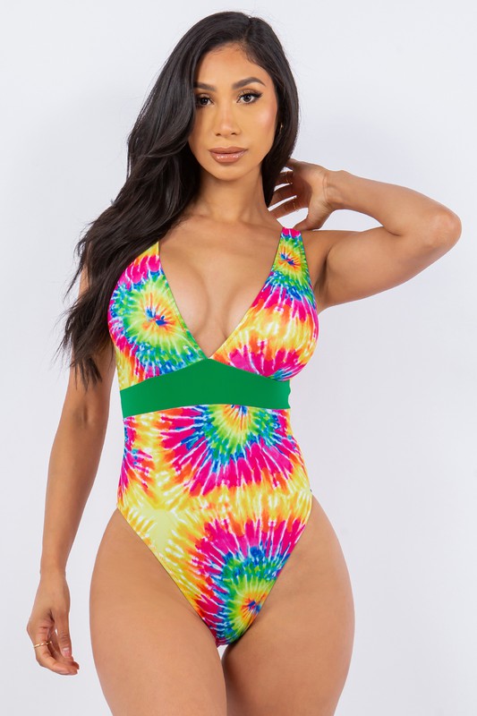 Deep V Retro Tie Dye One-piece Swim Suit S-M-L 3 pcs 1 pack