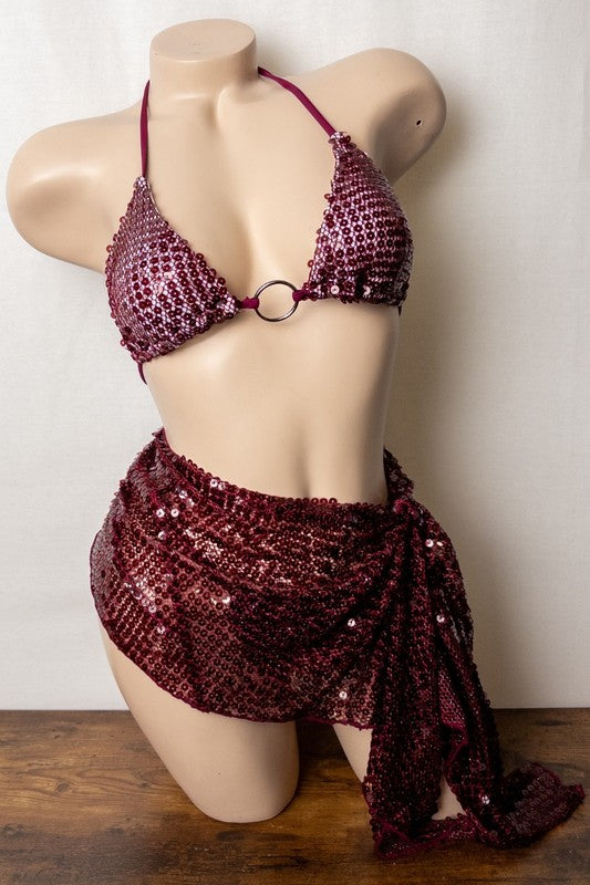 Sparkling Sequin Bikini Set with Sarong S1-M1-L1 3 pcs 1 pack