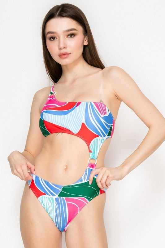 Abstract Print One-Shoulder Cutout Swimsuit