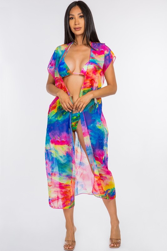 Liquid tie-dye bikini and matching sheer cover-up S-M-L 3 set 1 pack