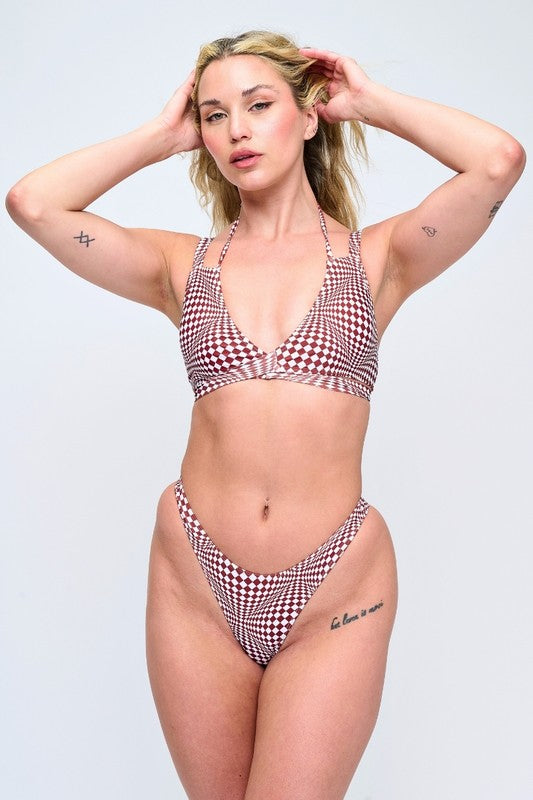 Brown Checker Print Wrap Bikini Set S-M-L 3 pcs 1 pack