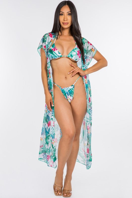 3 pcs Tropical Green Bikini and Wrap Skirt Set S-M-L 3 set 1 pack