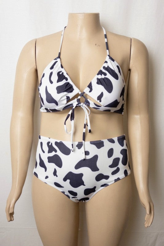 Moo Cow Print Plus Size  High-Waisted Bikini Set 4 pcs pack