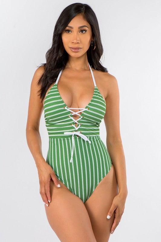 Chic Nautical Lace-Up One-Piece Swimsuit S-M-L 3 pcs 1 pack
