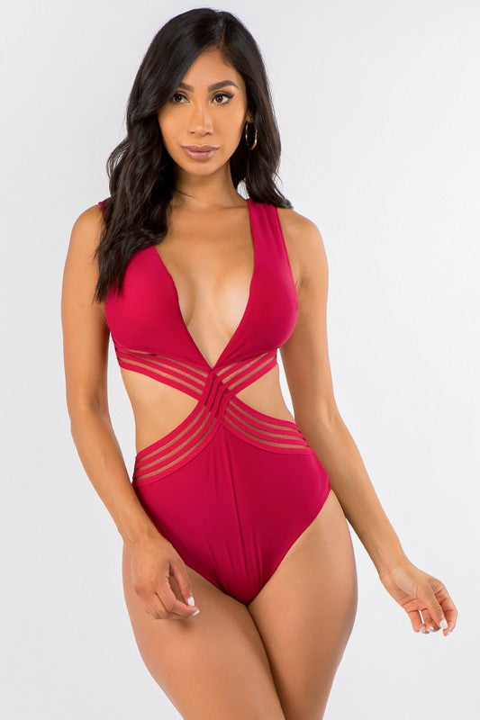 Deep-V Cross Tape Lace One-piece Swimsuit S2-M2-L2 6pcs 1 Pack
