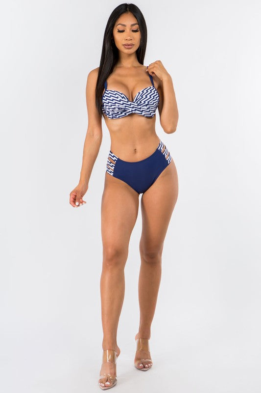Twisted Stripe Bandeau Top and Strap Side Bottom S1-M1-L1 3 pcs 1 pack