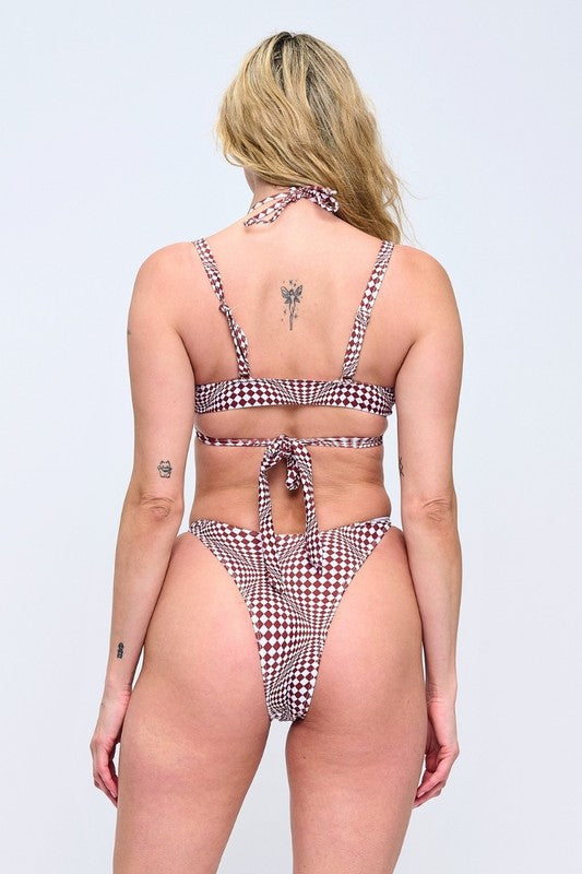 Brown Checker Print Wrap Bikini Set S-M-L 3 pcs 1 pack