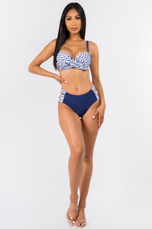 Twisted Stripe Bandeau Top and Strap Side Bottom S1-M1-L1 3 pcs 1 pack