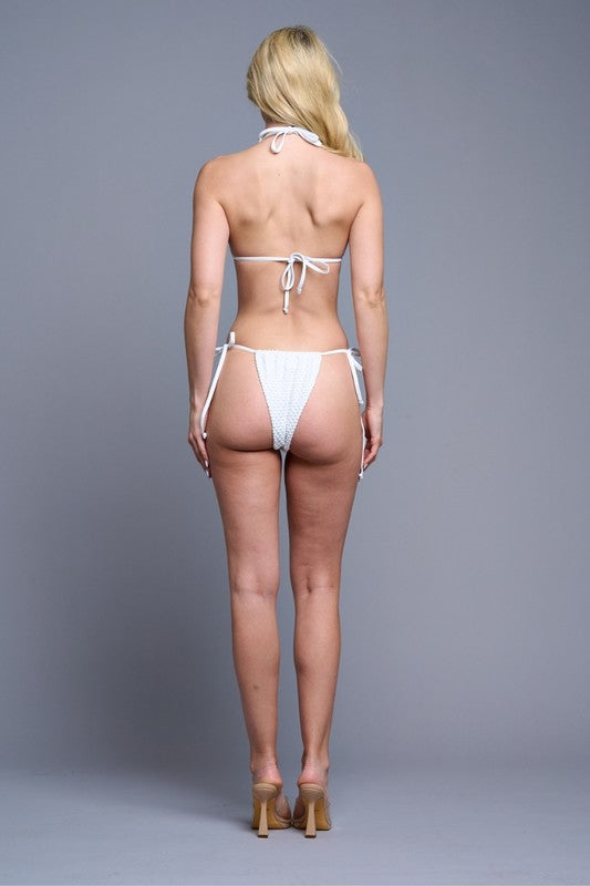 White Waffle Textured Triangle Bikini Set S-M-L 3 pcs 1 pack