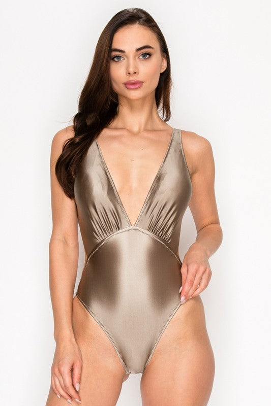 Satin Feel Deep V-neck Halter Solid Swimsuit S1-M1-L1 3 pcs 1 pack BK