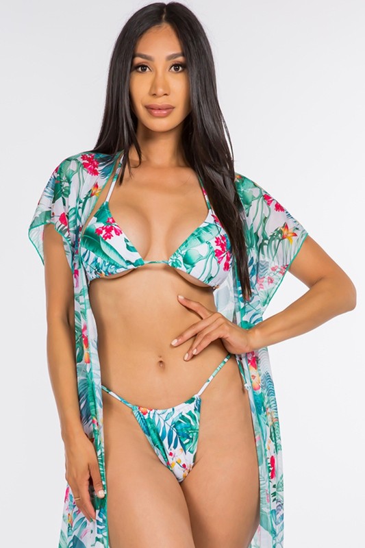 3 pcs Tropical Green Bikini and Wrap Skirt Set S-M-L 3 set 1 pack