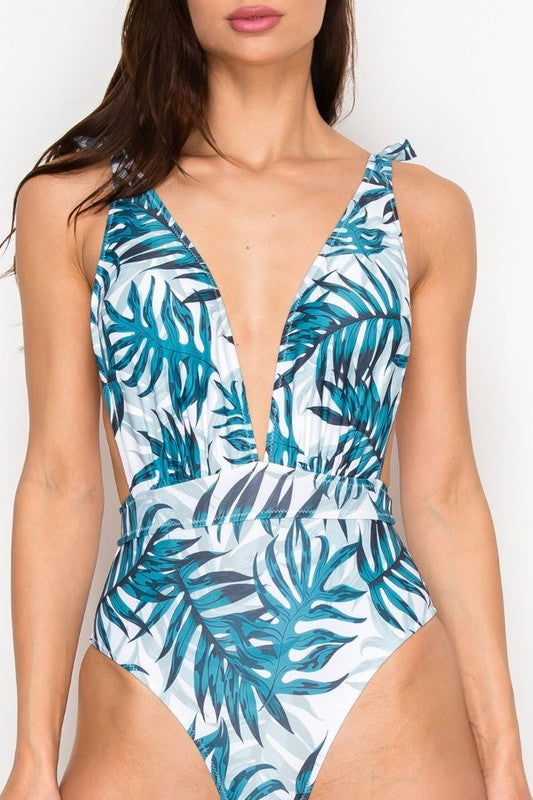 Tropical Leaf Shoulder Tie U-scoop Back Swimsuit S-M-L 3 pcs 1 pack