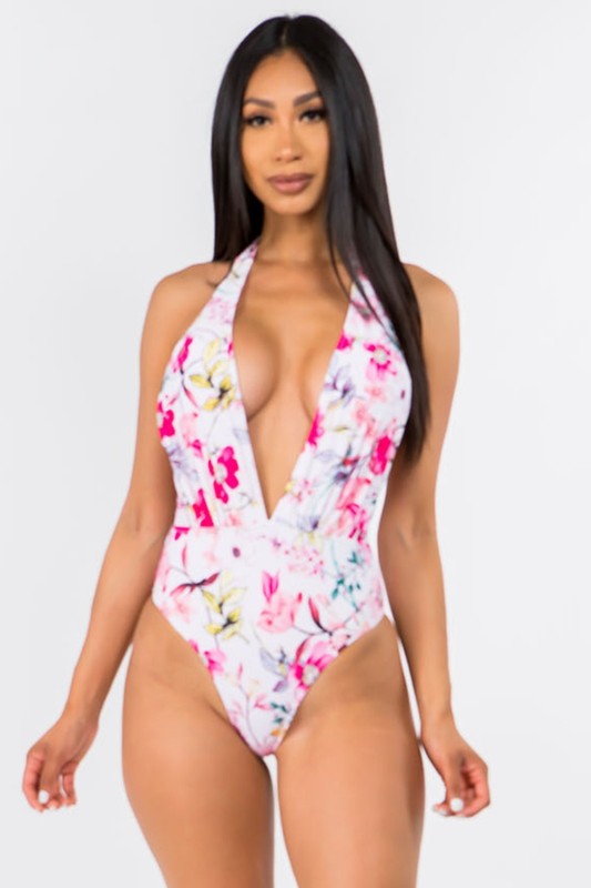 Deep V Floral Print Sexy Swimwear S-M-L 3 pcs 1 pack